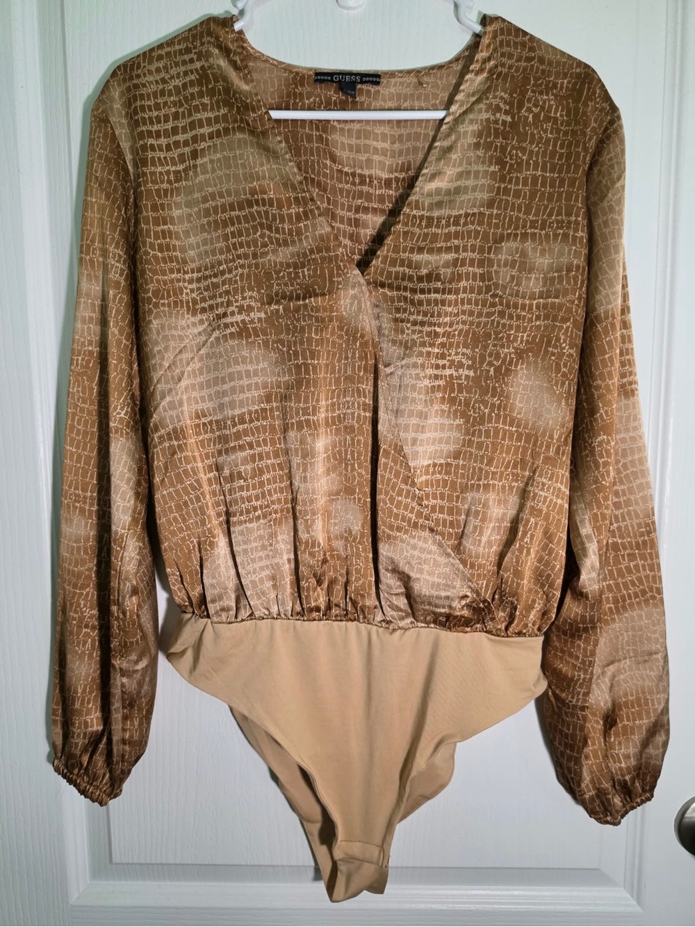 GUESS Tan Croc-Print Long Sleeve V-Neck Bodysuit